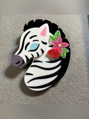 Zebra Floral Layered Acrylic Brooch - Black White with Pink & Green Accents